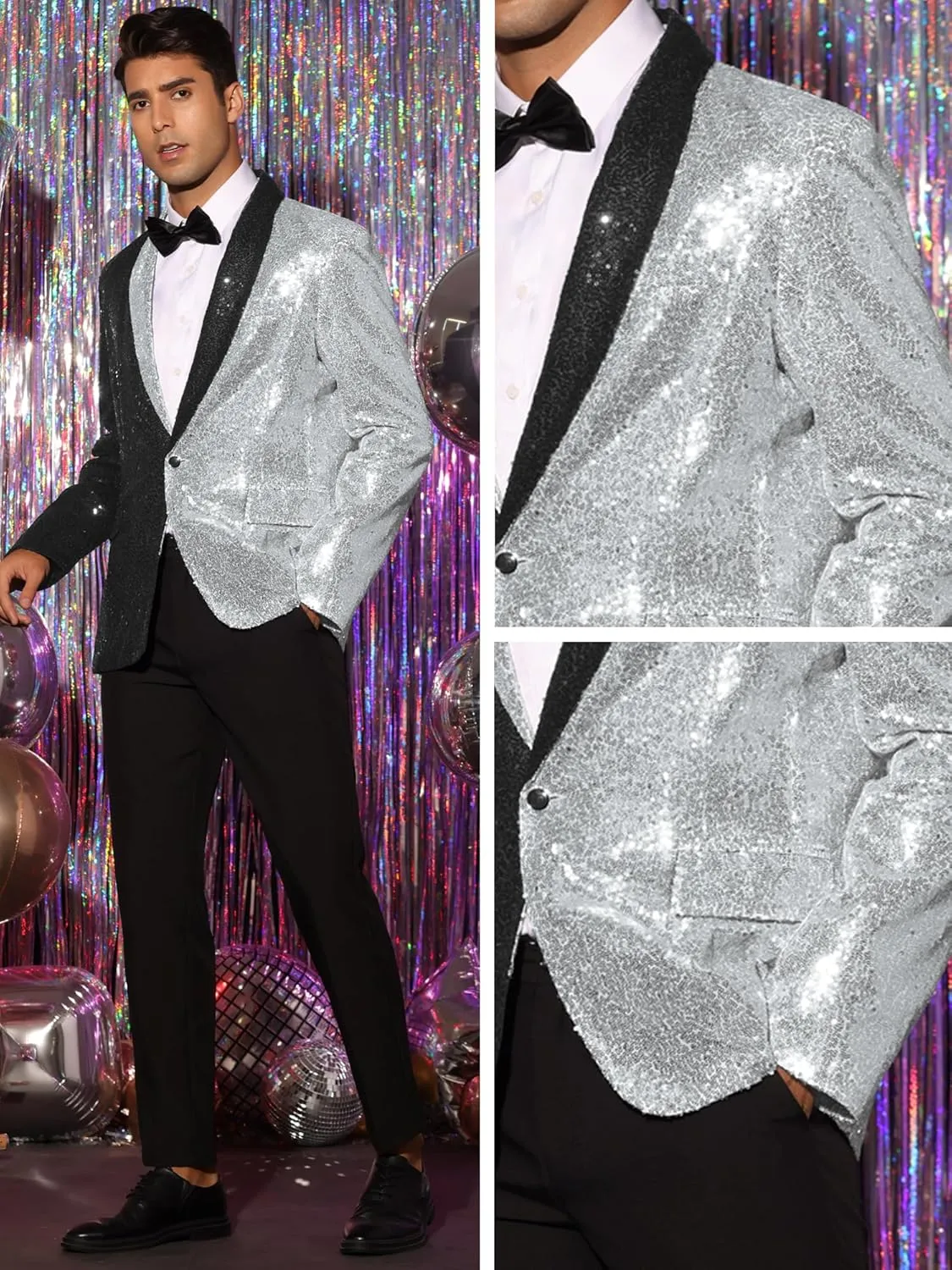 Lars Amadeus Sequin Blazer for Men's Shawl Lapel Party Disco Shinny Color Block Sports Coats
