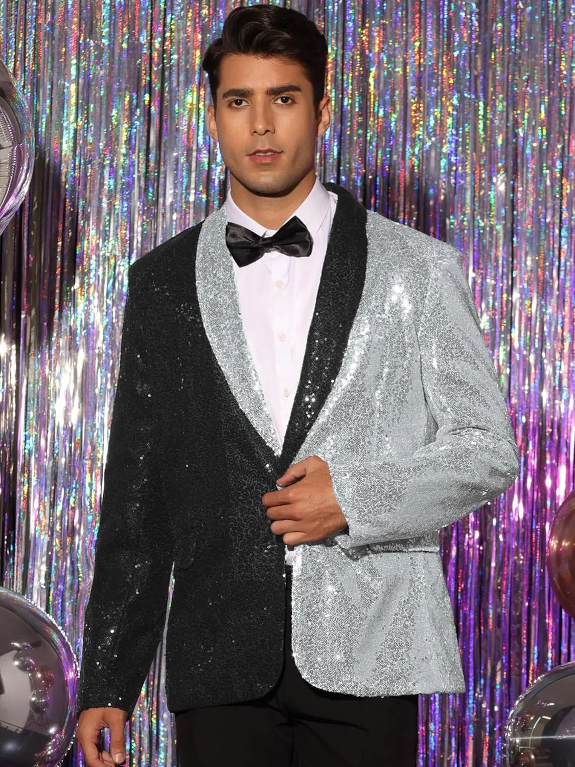 Lars Amadeus Sequin Blazer for Men's Shawl Lapel Party Disco Shinny Color Block Sports Coats