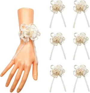 Lassos Boutique 6PC Elegant Bridal Wrist Corsages for Prom Boutonnieres Wedding Satin Rose Wristlet Hand Flower for Mother of Bride and Groom, Bride Father, Bridesmaids Gift (Ivory)