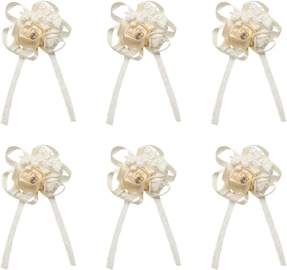 Lassos Boutique 6PC Elegant Bridal Wrist Corsages for Prom Boutonnieres Wedding Satin Rose Wristlet Hand Flower for Mother of Bride and Groom, Bride Father, Bridesmaids Gift (Ivory)
