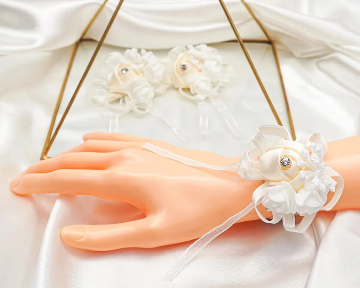 Lassos Boutique 6PC Elegant Bridal Wrist Corsages for Prom Boutonnieres Wedding Satin Rose Wristlet Hand Flower for Mother of Bride and Groom, Bride Father, Bridesmaids Gift (Ivory)