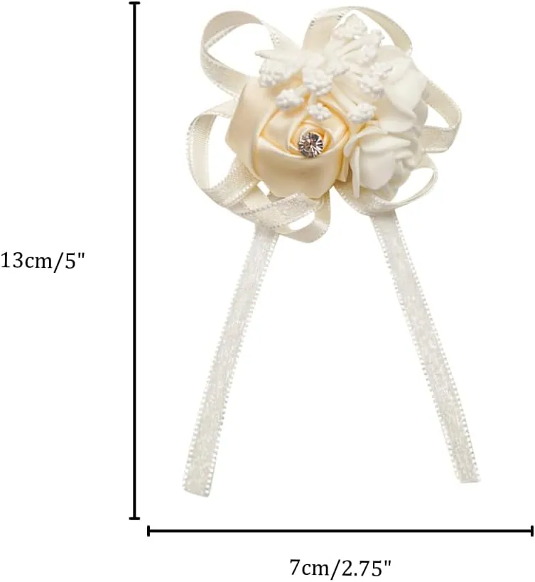 Lassos Boutique 6PC Elegant Bridal Wrist Corsages for Prom Boutonnieres Wedding Satin Rose Wristlet Hand Flower for Mother of Bride and Groom, Bride Father, Bridesmaids Gift (Ivory)