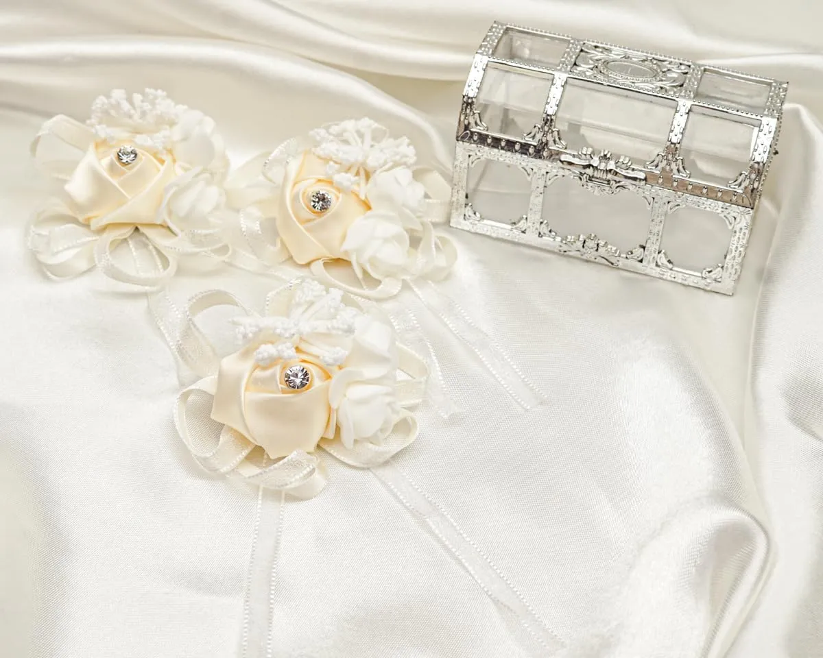 Lassos Boutique 6PC Elegant Bridal Wrist Corsages for Prom Boutonnieres Wedding Satin Rose Wristlet Hand Flower for Mother of Bride and Groom, Bride Father, Bridesmaids Gift (Ivory)