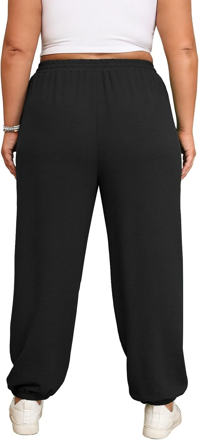 Lastshe Womens Plus Size Casual Pants High Waisted Adjustable Drawstring Summer Jogger Pants Lounge Trousers with Pockets