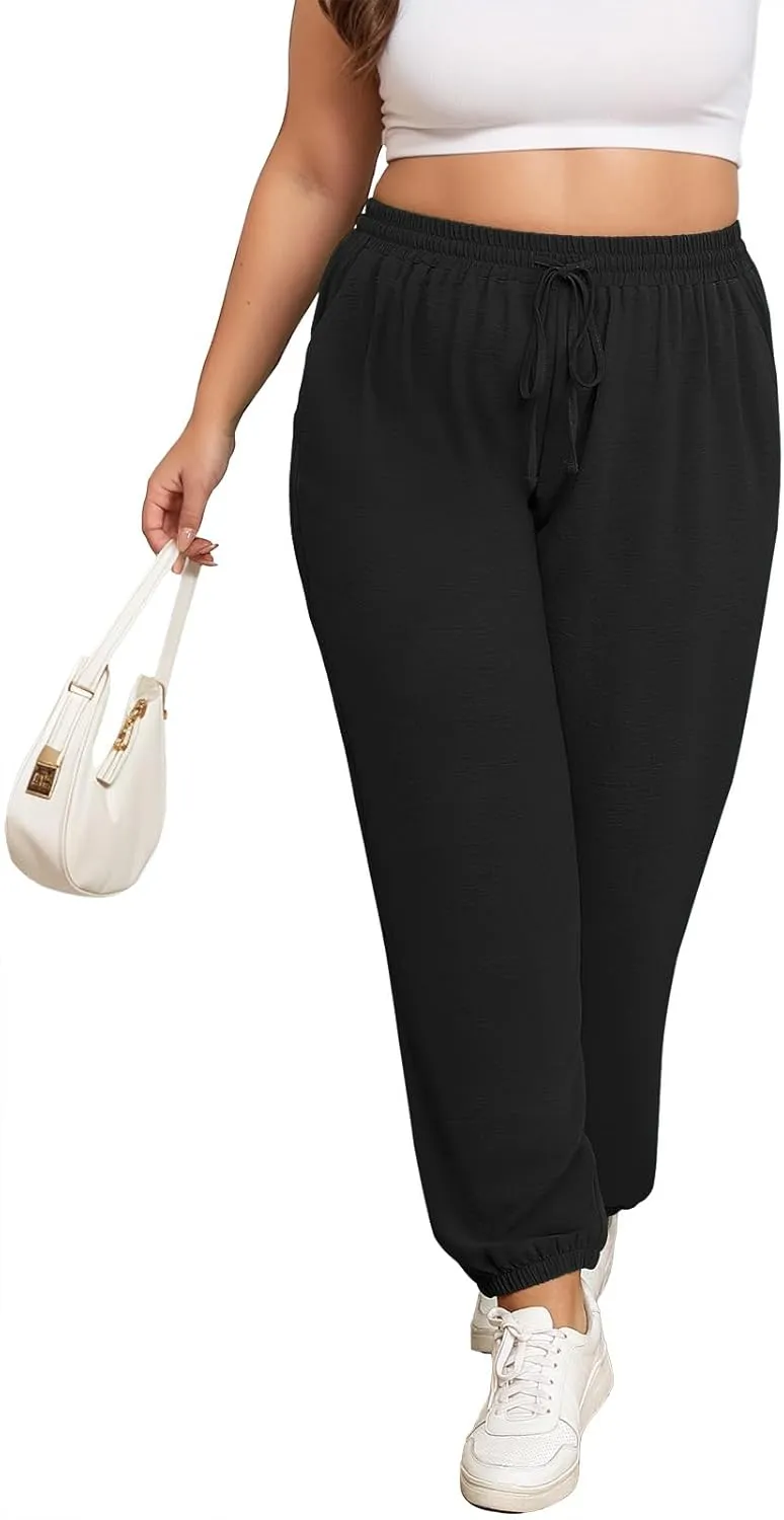 Lastshe Womens Plus Size Casual Pants High Waisted Adjustable Drawstring Summer Jogger Pants Lounge Trousers with Pockets