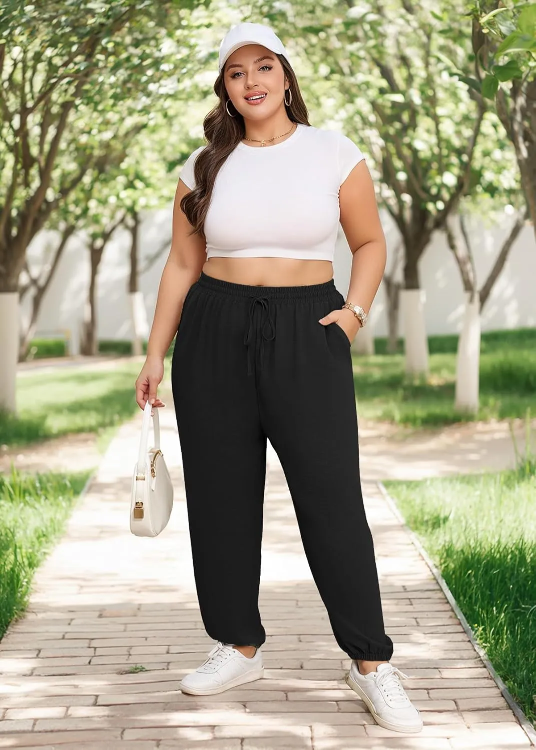 Lastshe Womens Plus Size Casual Pants High Waisted Adjustable Drawstring Summer Jogger Pants Lounge Trousers with Pockets