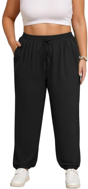 Lastshe Womens Plus Size Casual Pants High Waisted Adjustable Drawstring Summer Jogger Pants Lounge Trousers with Pockets