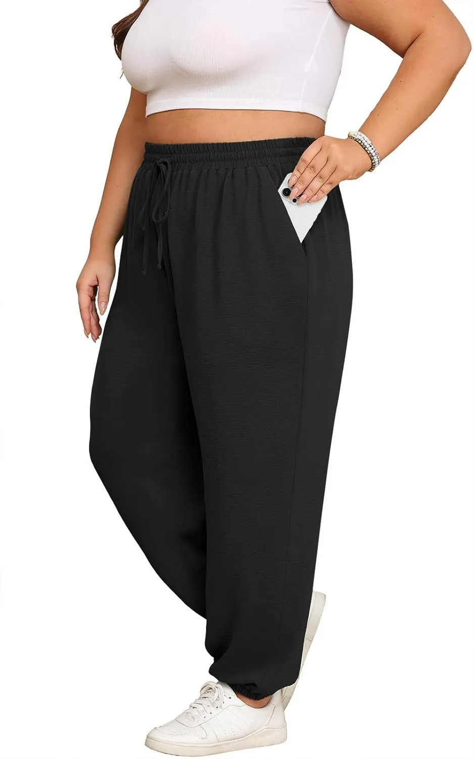 Lastshe Womens Plus Size Casual Pants High Waisted Adjustable Drawstring Summer Jogger Pants Lounge Trousers with Pockets