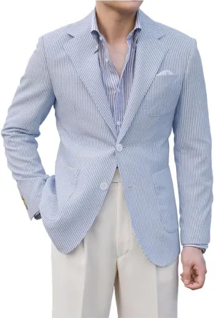 Leisure Seersucker Men Summer Suits Jacket Blue Formal Regular Fit Blazer Breathable Outfit