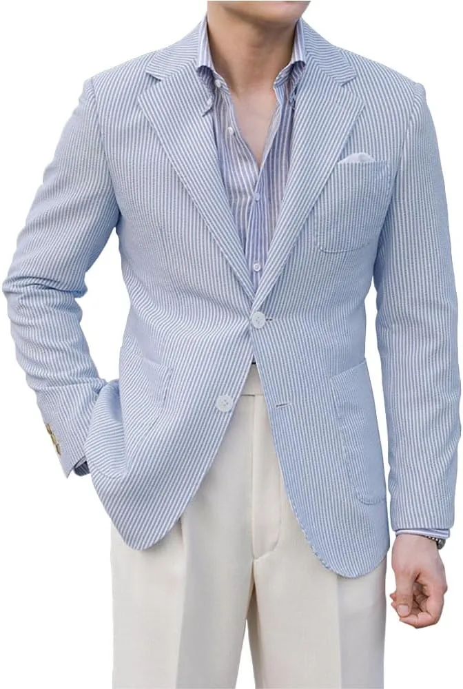 Leisure Seersucker Men Summer Suits Jacket Blue Formal Regular Fit Blazer Breathable Outfit