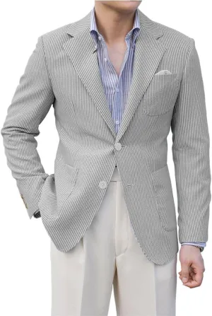 Leisure Seersucker Men Summer Suits Jacket Blue Formal Regular Fit Blazer Breathable Outfit