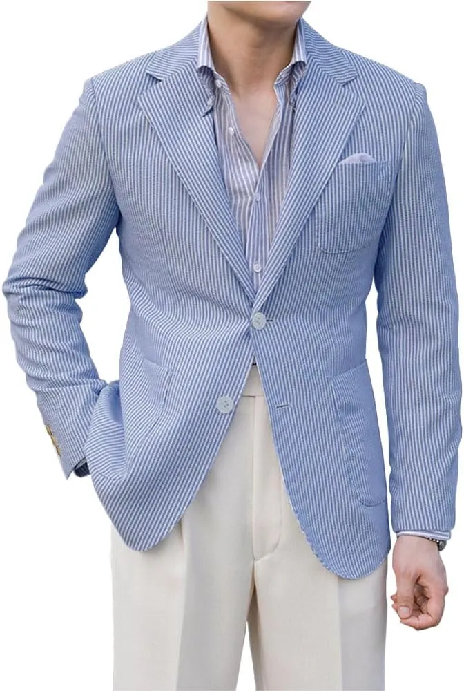 Leisure Seersucker Men Summer Suits Jacket Blue Formal Regular Fit Blazer Breathable Outfit