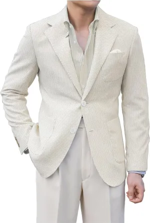 Leisure Seersucker Men Summer Suits Jacket Blue Formal Regular Fit Blazer Breathable Outfit