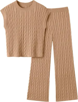 LILLUSORY Womens 2 Piece Cable Knit Lounge Sets Casual Cap Sleeve Knit Top Pants Vacation Outfits