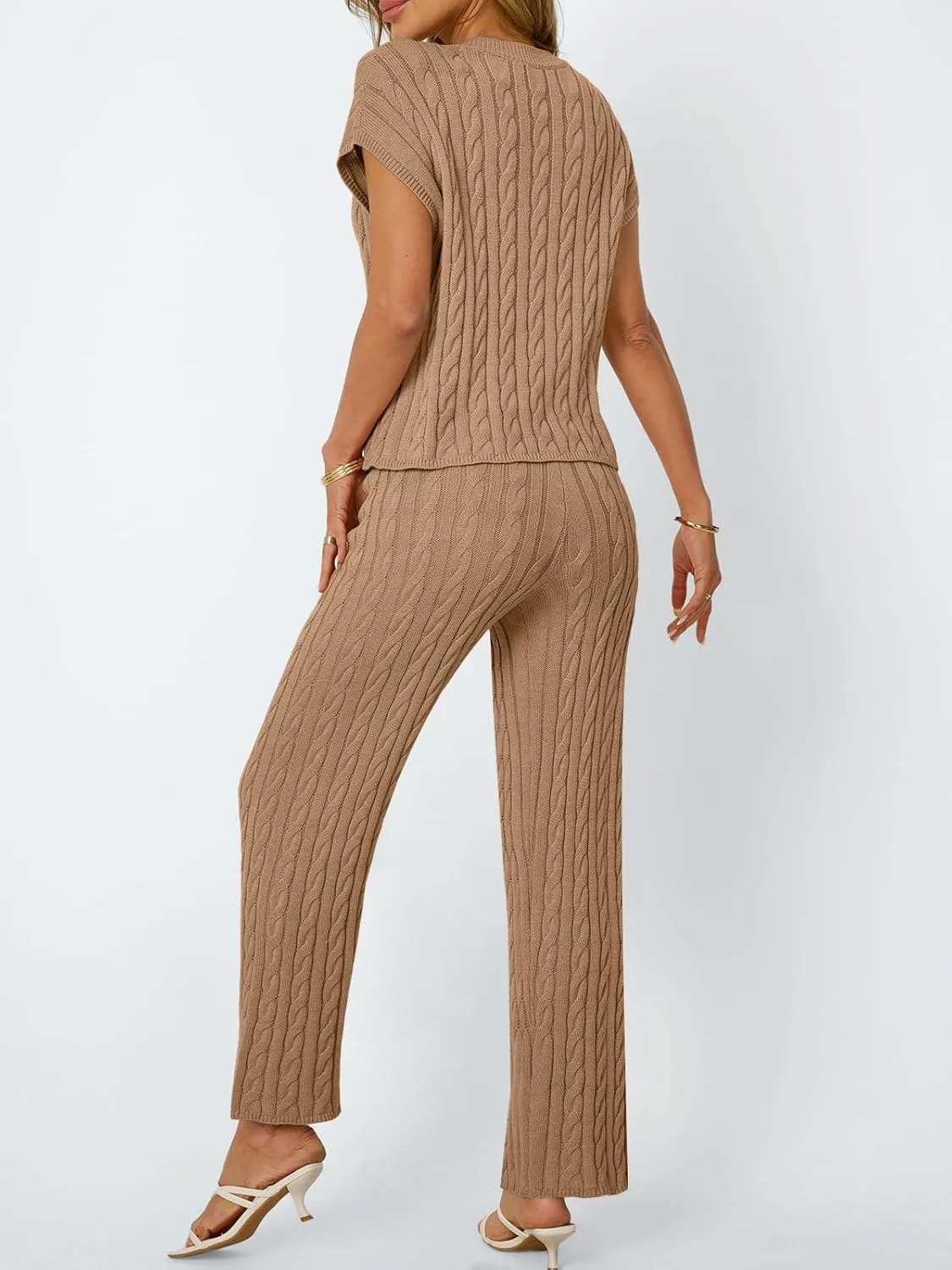 LILLUSORY Womens 2 Piece Cable Knit Lounge Sets Casual Cap Sleeve Knit Top Pants Vacation Outfits