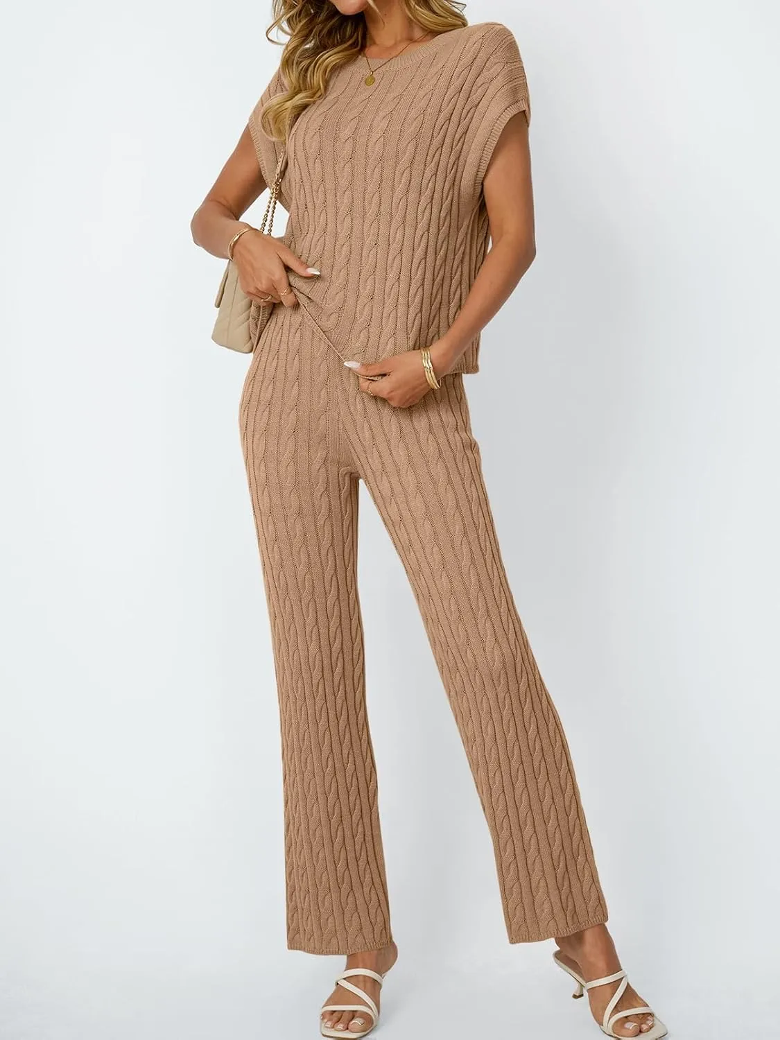 LILLUSORY Womens 2 Piece Cable Knit Lounge Sets Casual Cap Sleeve Knit Top Pants Vacation Outfits