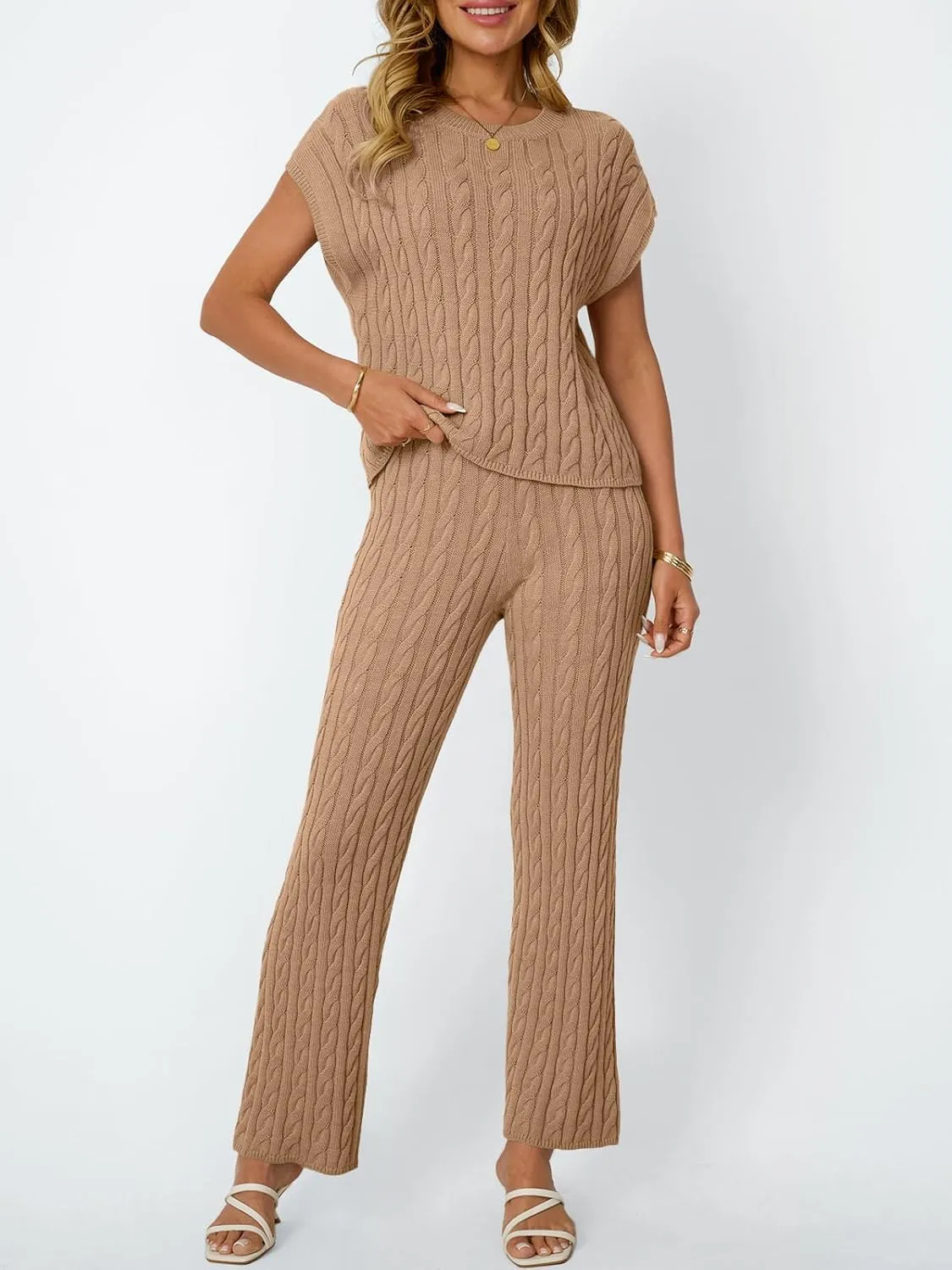 LILLUSORY Womens 2 Piece Cable Knit Lounge Sets Casual Cap Sleeve Knit Top Pants Vacation Outfits