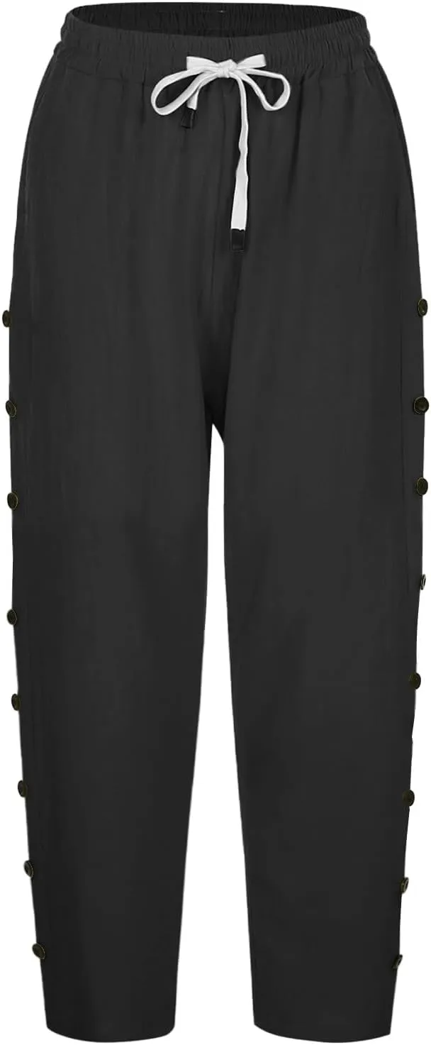 Linen Pants for Women 2025 Cotton Linen Elastic Seven Pants Beach Casual Pants Linen Trousers with Side Pockets