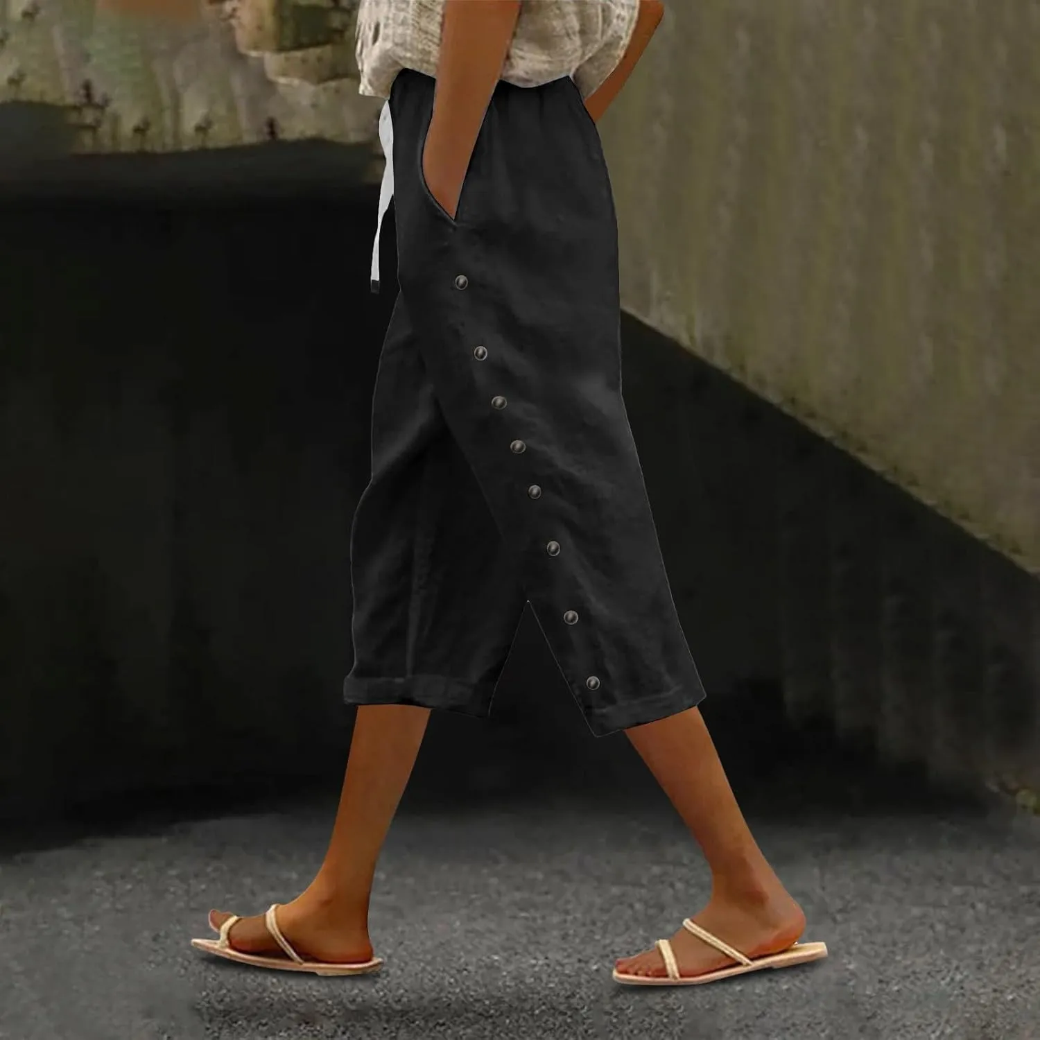 Linen Pants for Women 2025 Cotton Linen Elastic Seven Pants Beach Casual Pants Linen Trousers with Side Pockets