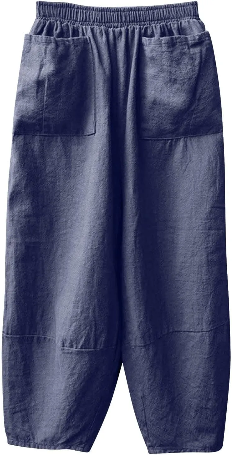 Linen Pants for Women Loose Fit 2025 Spring Outfit Summer Retro Straight Casual Wide Leg Pants Trousers with Pocket