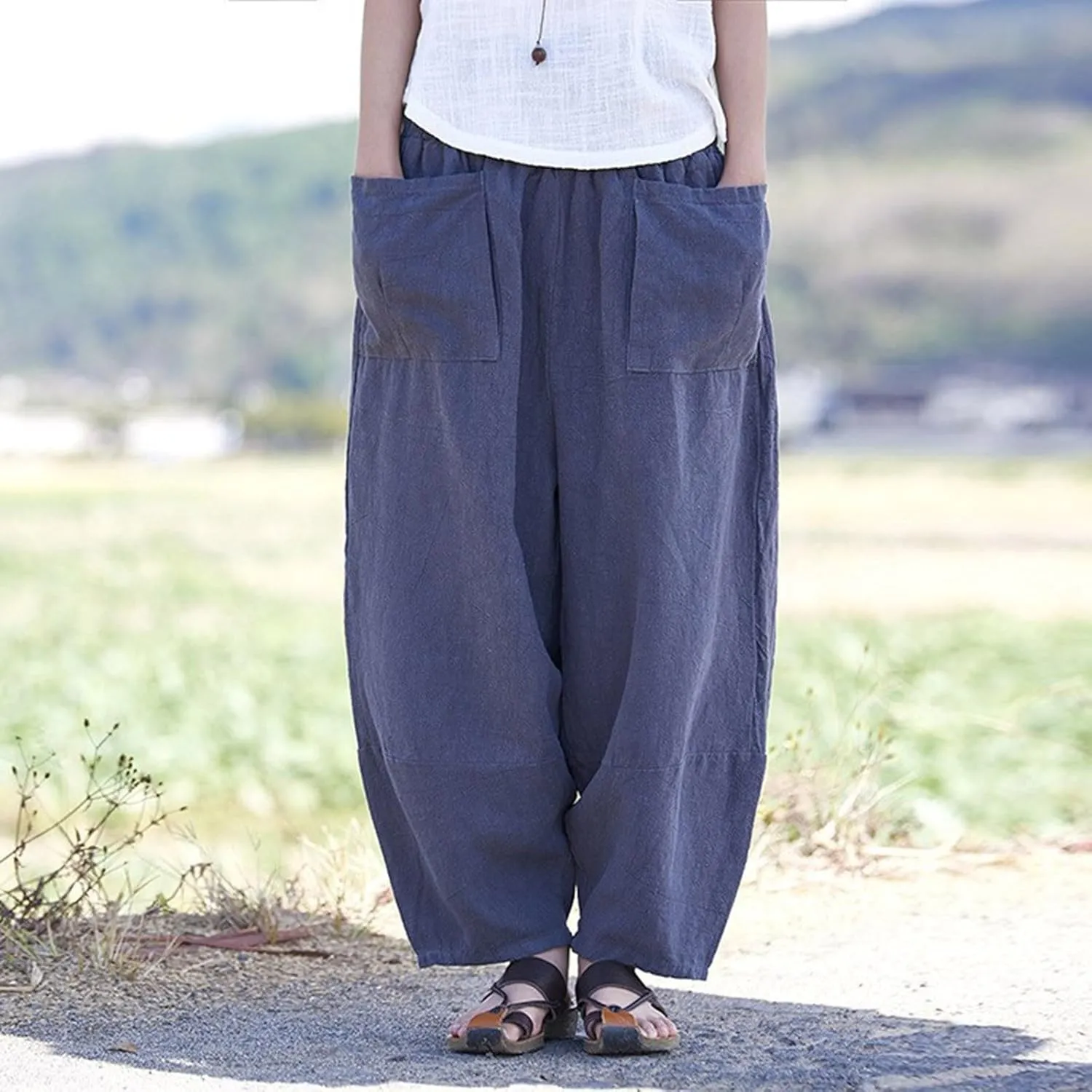 Linen Pants for Women Loose Fit 2025 Spring Outfit Summer Retro Straight Casual Wide Leg Pants Trousers with Pocket