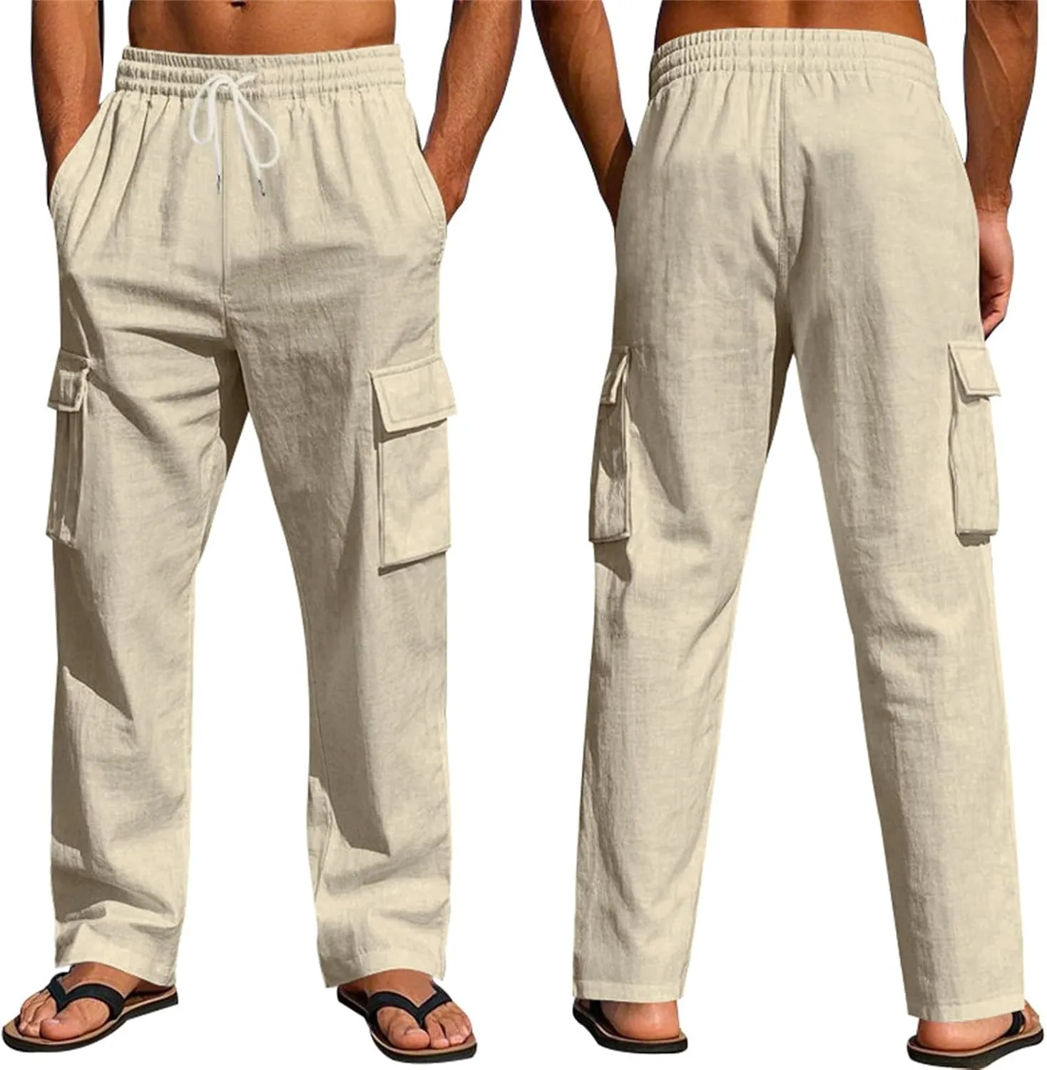 Linen Pants Men Drawstring Casual Elastic Waist Linen Cargo Pants with Multi Pockets Loose Fit Summer Beach Pant