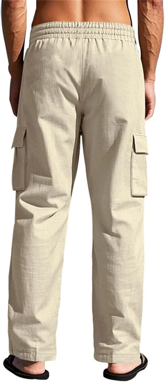 Linen Pants Men Drawstring Casual Elastic Waist Linen Cargo Pants with Multi Pockets Loose Fit Summer Beach Pant