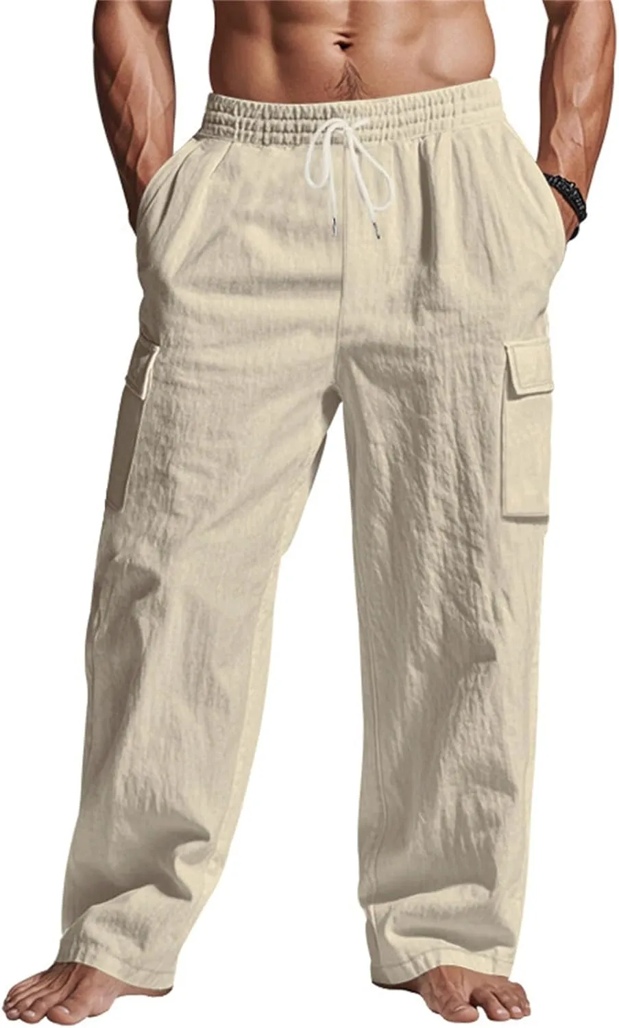 Linen Pants Men Drawstring Casual Elastic Waist Linen Cargo Pants with Multi Pockets Loose Fit Summer Beach Pant