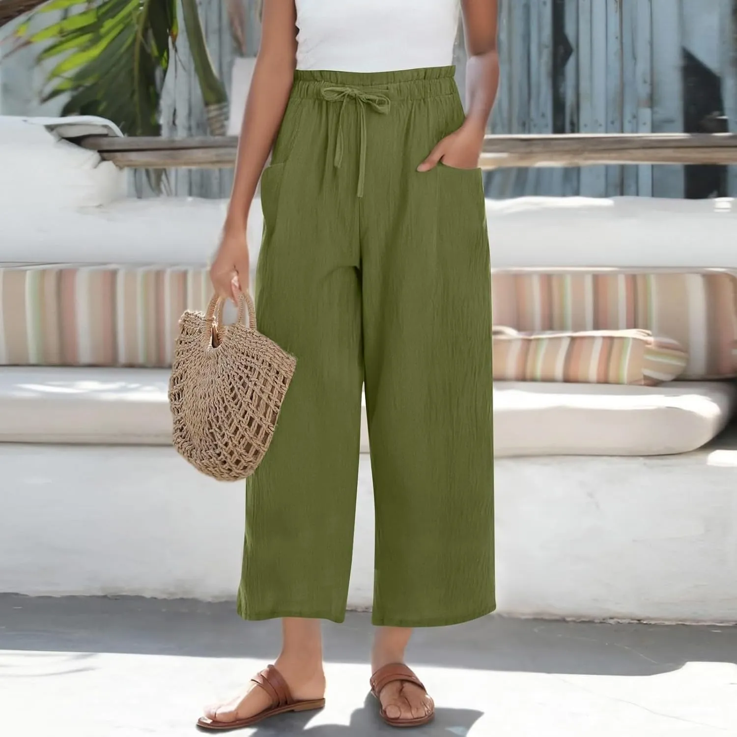 Linen Pants Women Casual Summer Wide Leg Flowy Capri Pant Plus Size Baggy High Waist Palazzo Beach Lounge Trousers
