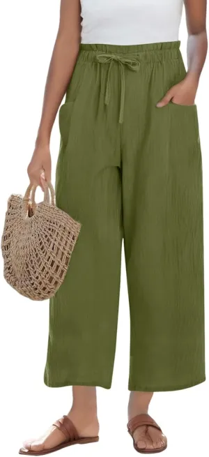 Linen Pants Women Casual Summer Wide Leg Flowy Capri Pant Plus Size Baggy High Waist Palazzo Beach Lounge Trousers