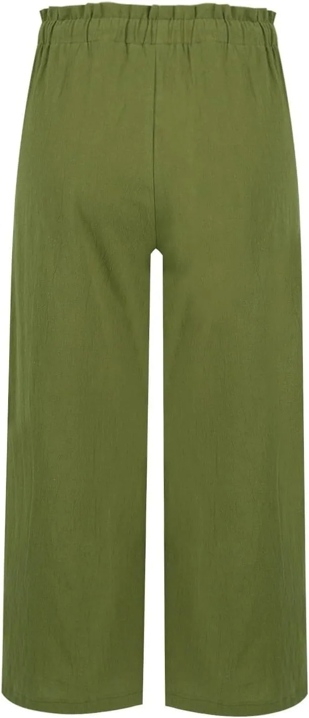 Linen Pants Women Casual Summer Wide Leg Flowy Capri Pant Plus Size Baggy High Waist Palazzo Beach Lounge Trousers