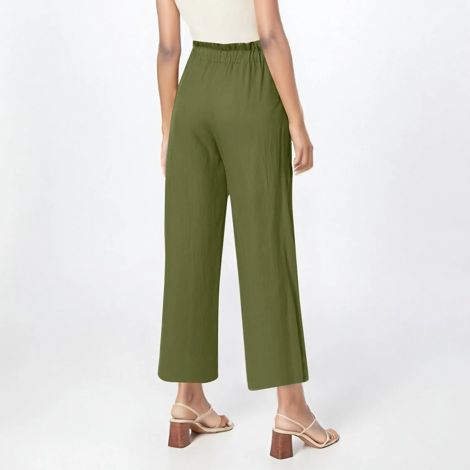 Linen Pants Women Casual Summer Wide Leg Flowy Capri Pant Plus Size Baggy High Waist Palazzo Beach Lounge Trousers