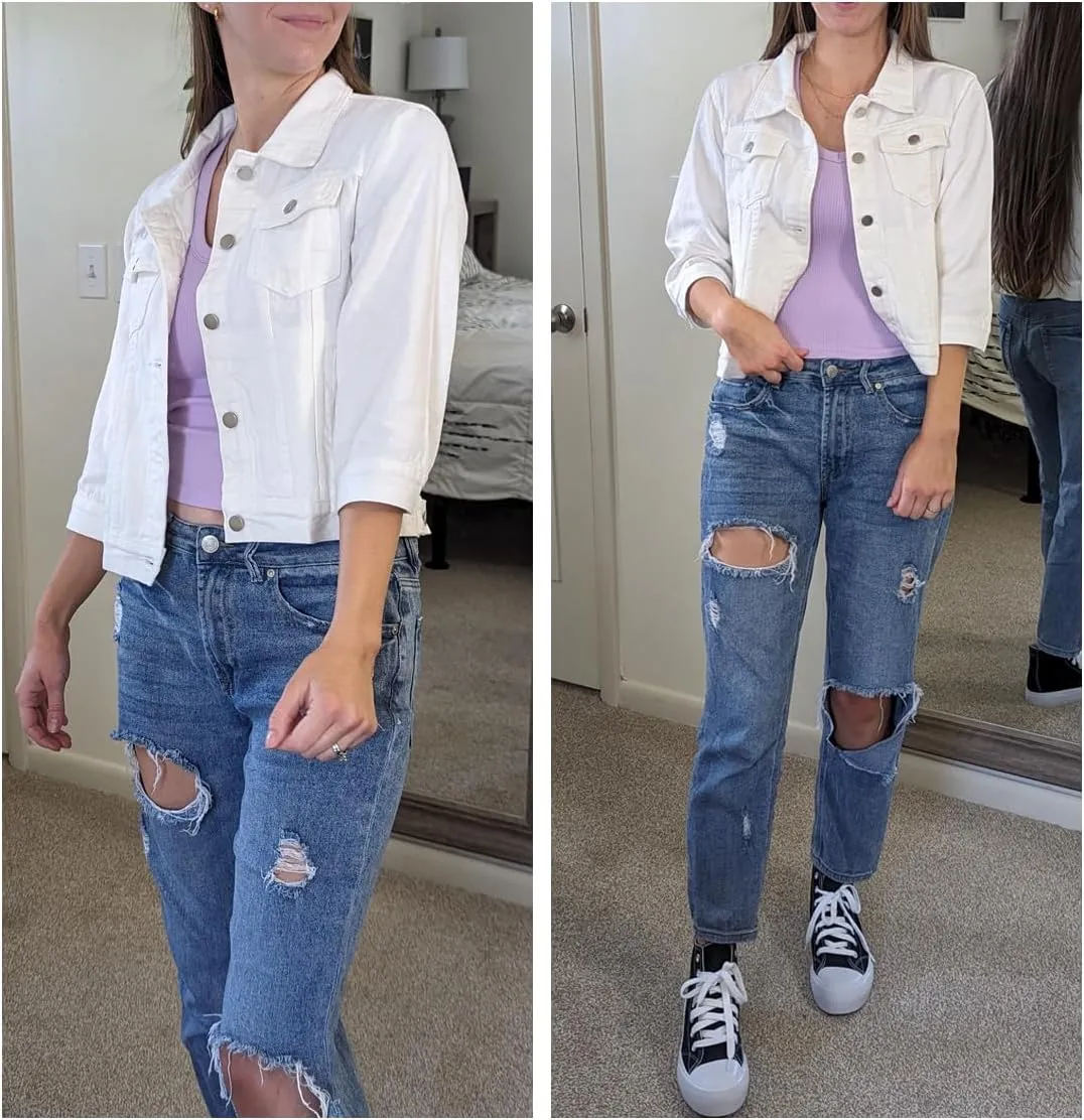 Locachy Womens 3/4 Sleeve Short Denim Jacket Lapel Button Down Cropped Trucker Jean Jackets Coats