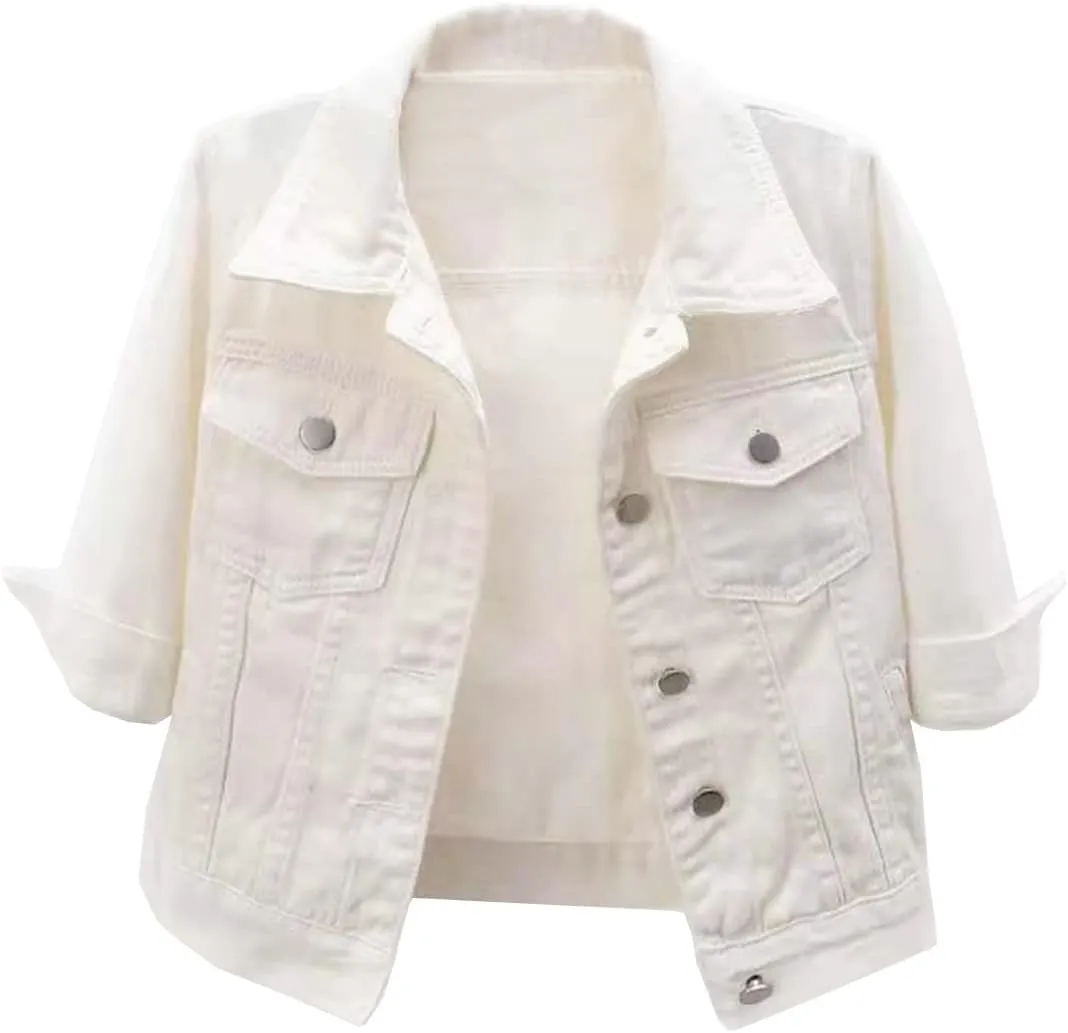 Locachy Womens 3/4 Sleeve Short Denim Jacket Lapel Button Down Cropped Trucker Jean Jackets Coats