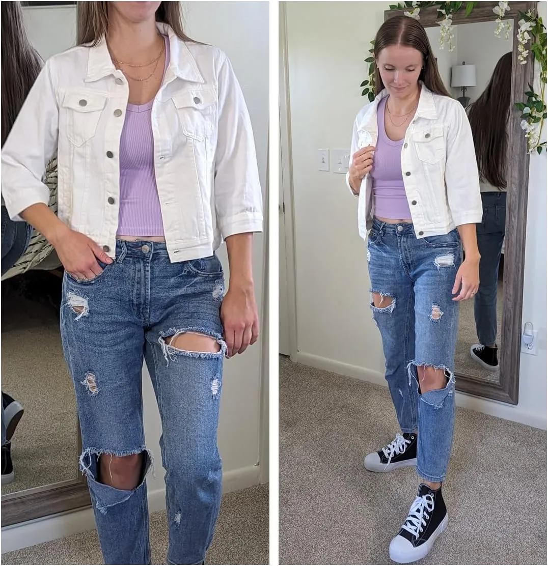 Locachy Womens 3/4 Sleeve Short Denim Jacket Lapel Button Down Cropped Trucker Jean Jackets Coats