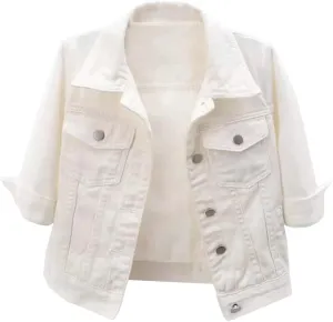 Locachy Womens 3/4 Sleeve Short Denim Jacket Lapel Button Down Cropped Trucker Jean Jackets Coats