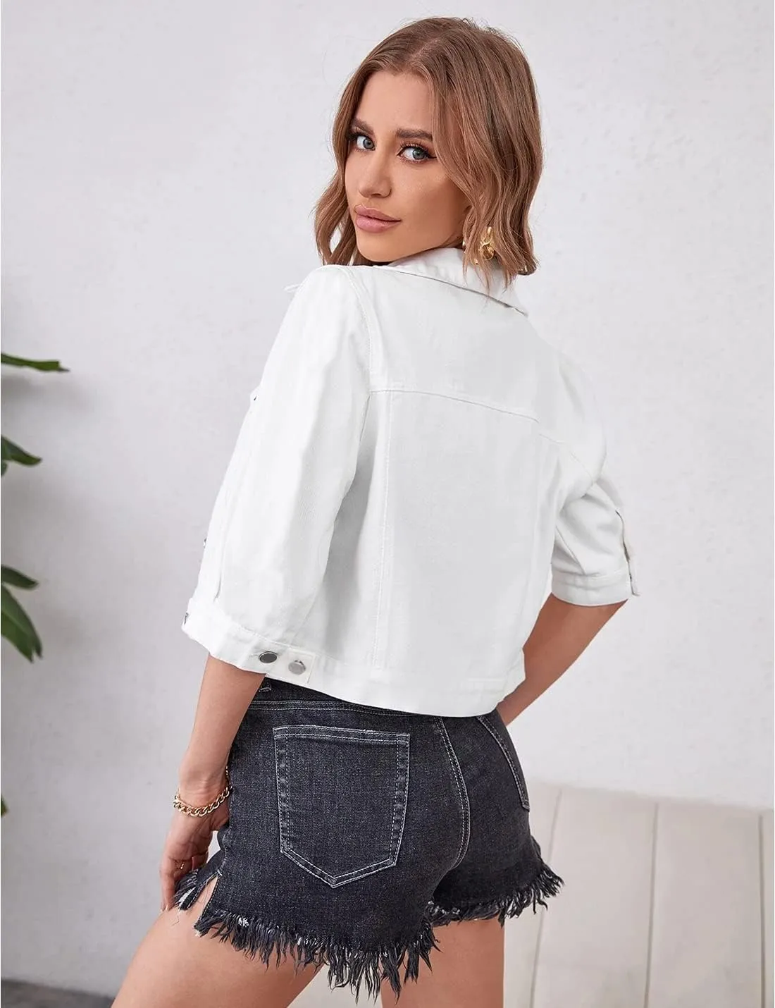 Locachy Womens 3/4 Sleeve Short Denim Jacket Lapel Button Down Cropped Trucker Jean Jackets Coats