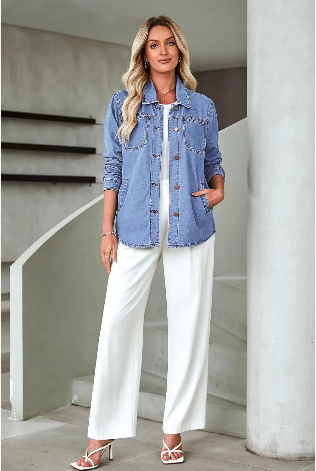 luvamia Denim Jackets for Women Trendy Long Sleeve Button Down Shirt Jacket Jean Shacket with Pocket Western Work Jacket
