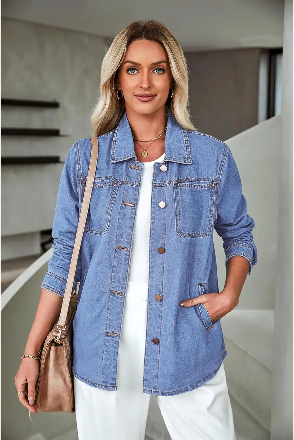 luvamia Denim Jackets for Women Trendy Long Sleeve Button Down Shirt Jacket Jean Shacket with Pocket Western Work Jacket