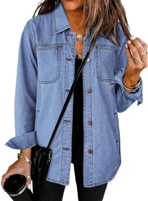 luvamia Denim Jackets for Women Trendy Long Sleeve Button Down Shirt Jacket Jean Shacket with Pocket Western Work Jacket