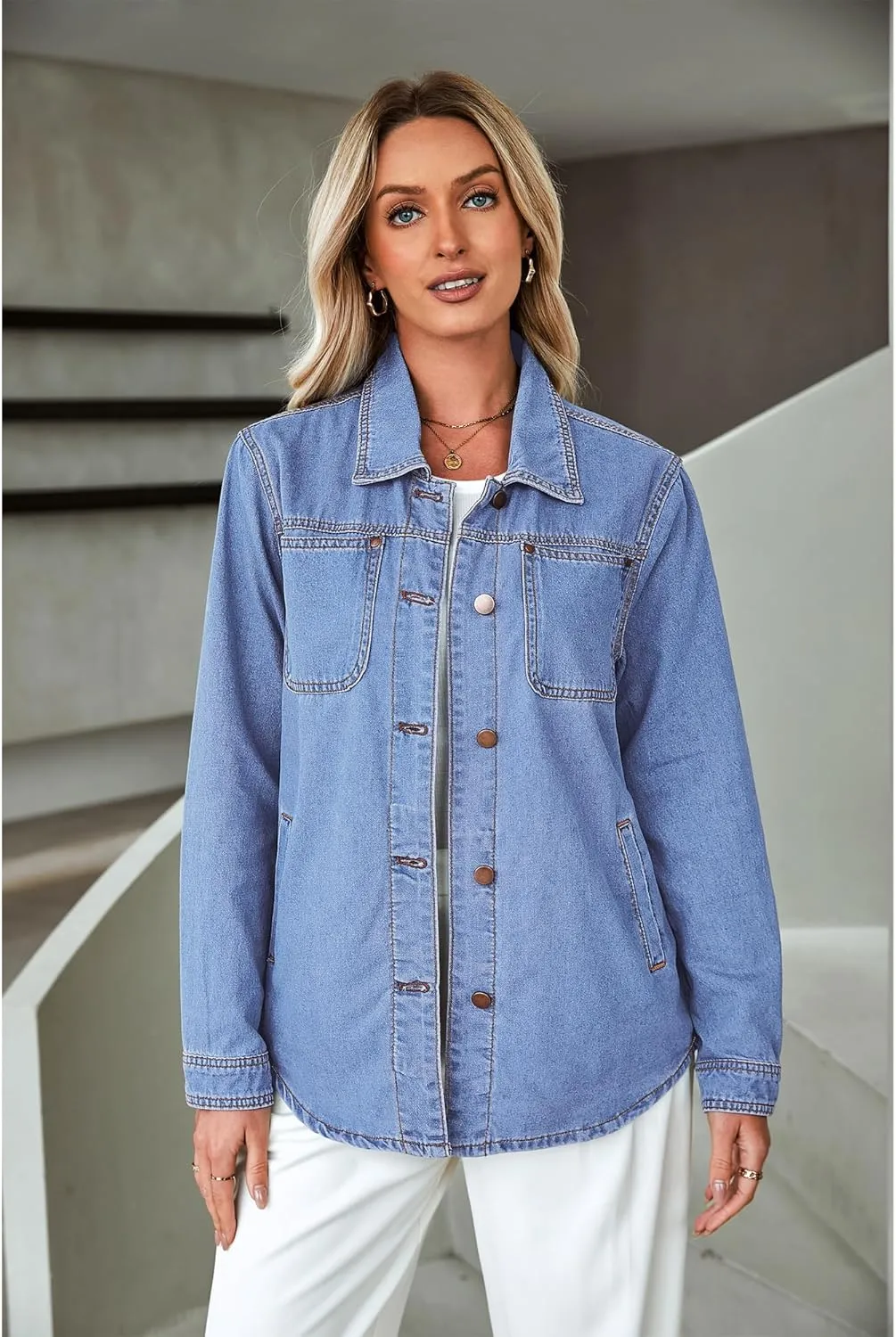 luvamia Denim Jackets for Women Trendy Long Sleeve Button Down Shirt Jacket Jean Shacket with Pocket Western Work Jacket