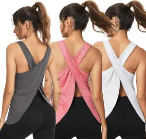 LYHNMW Open Back Workout Top Backless Yoga Shirts Tie Back Workout Tank Activewear Shirts Exercise Yoga Tank Tops (1-3Pack)
