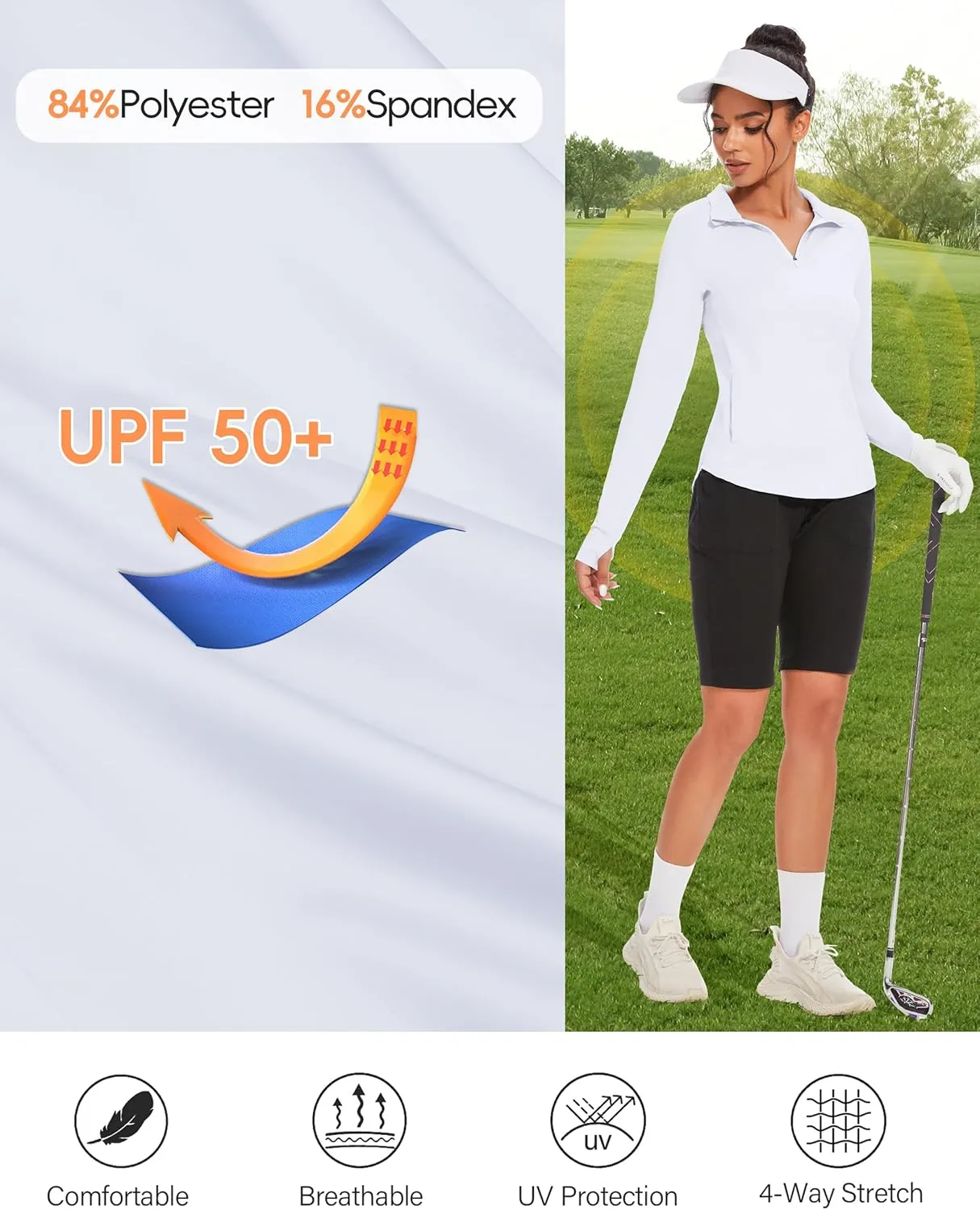 M MOTEEPI Long Sleeve Shirts for Women with Thumb Hole Quick-Dry Womens Golf Shirt Pullover UPF 50  Ladies Sun Shirts