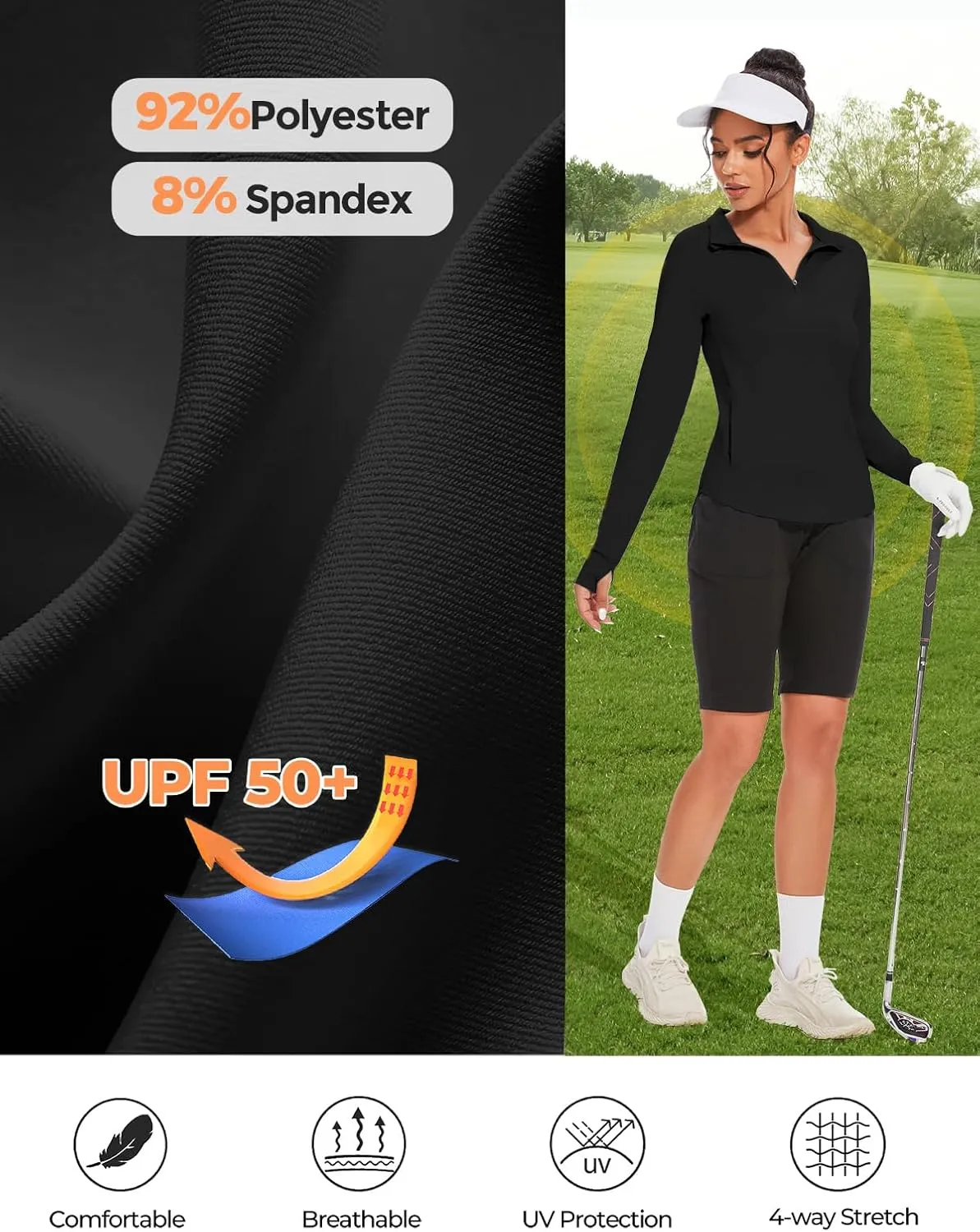M MOTEEPI Long Sleeve Shirts for Women with Thumb Hole Quick-Dry Womens Golf Shirt Pullover UPF 50  Ladies Sun Shirts