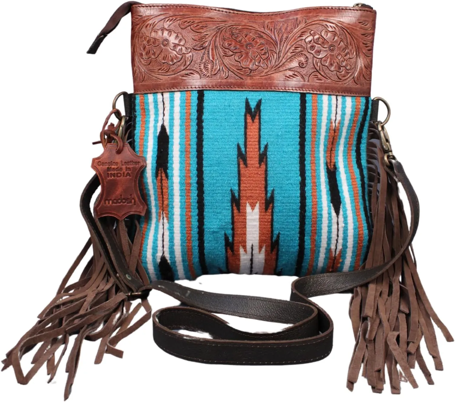 Madosh, Womens Crossbody Bag Genuine Leather Fringe handbag Sling Purse for Women Saddle Blanket Bag Embossed Handcrafted Bag