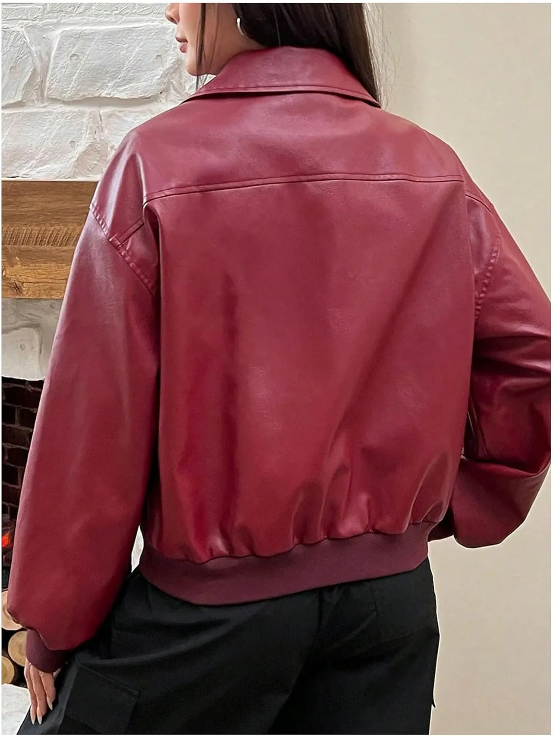 MakeMeChic Women's Casual PU Leather Zip Up Jacket Long Sleeve Collared Neck Outwear Coats