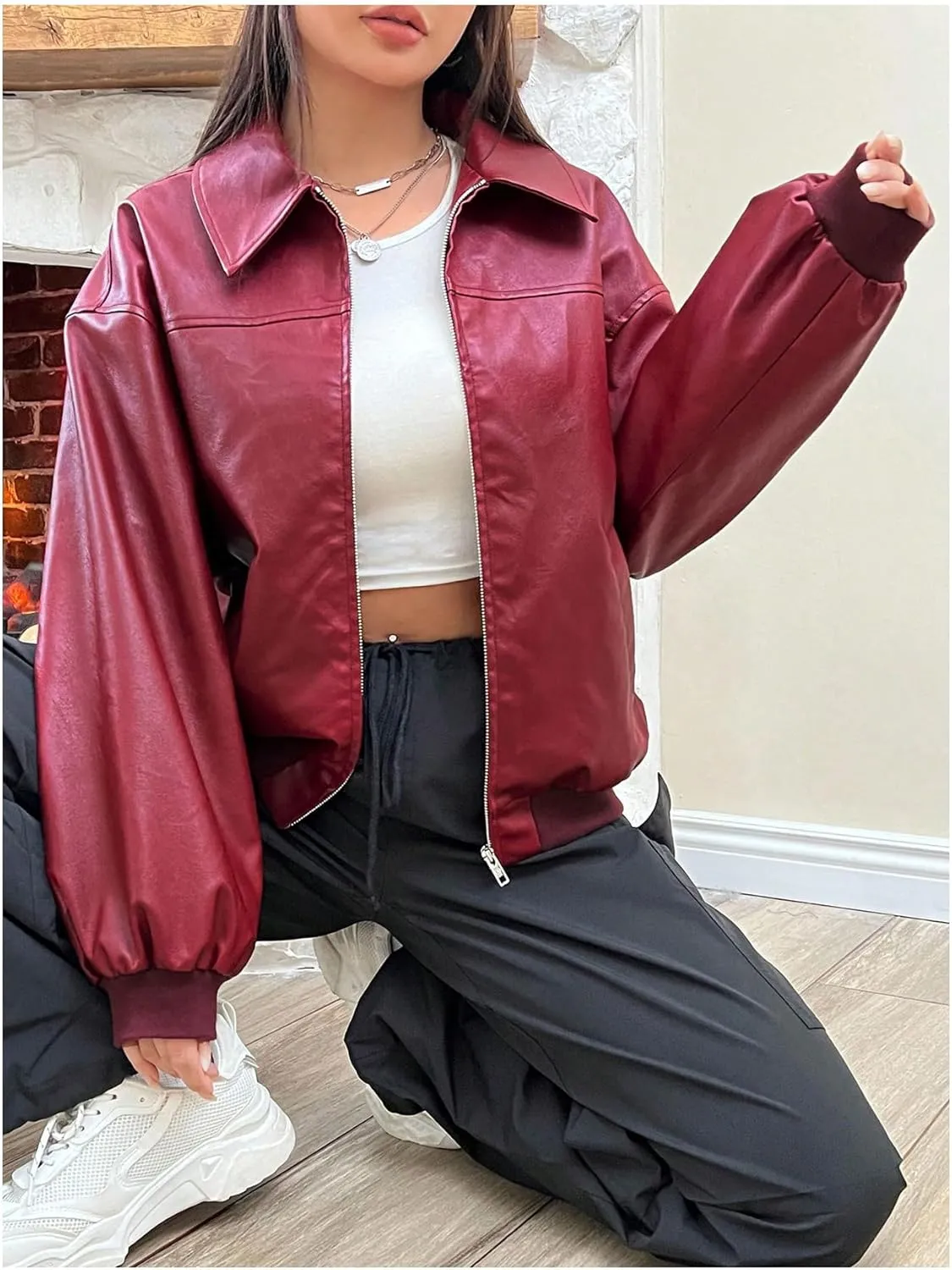 MakeMeChic Women's Casual PU Leather Zip Up Jacket Long Sleeve Collared Neck Outwear Coats