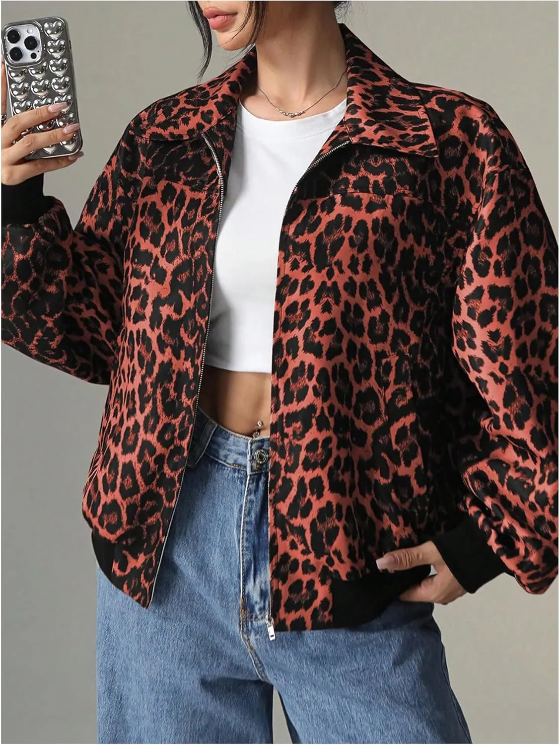 MakeMeChic Women's Casual PU Leather Zip Up Jacket Long Sleeve Collared Neck Outwear Coats
