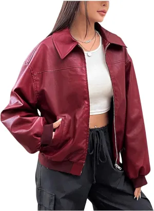 MakeMeChic Women's Casual PU Leather Zip Up Jacket Long Sleeve Collared Neck Outwear Coats