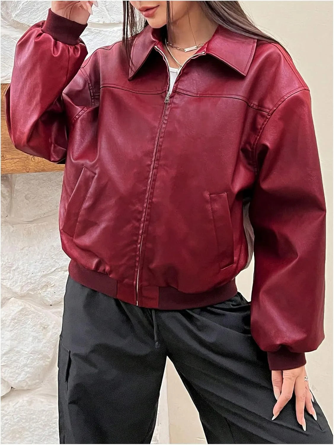 MakeMeChic Women's Casual PU Leather Zip Up Jacket Long Sleeve Collared Neck Outwear Coats
